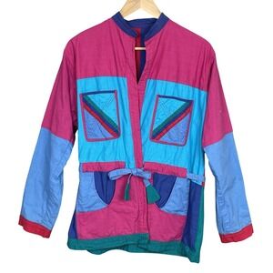 Vintage Boho Colorblock Patchwork Jacket Womens XL Reversible Statement Artisan